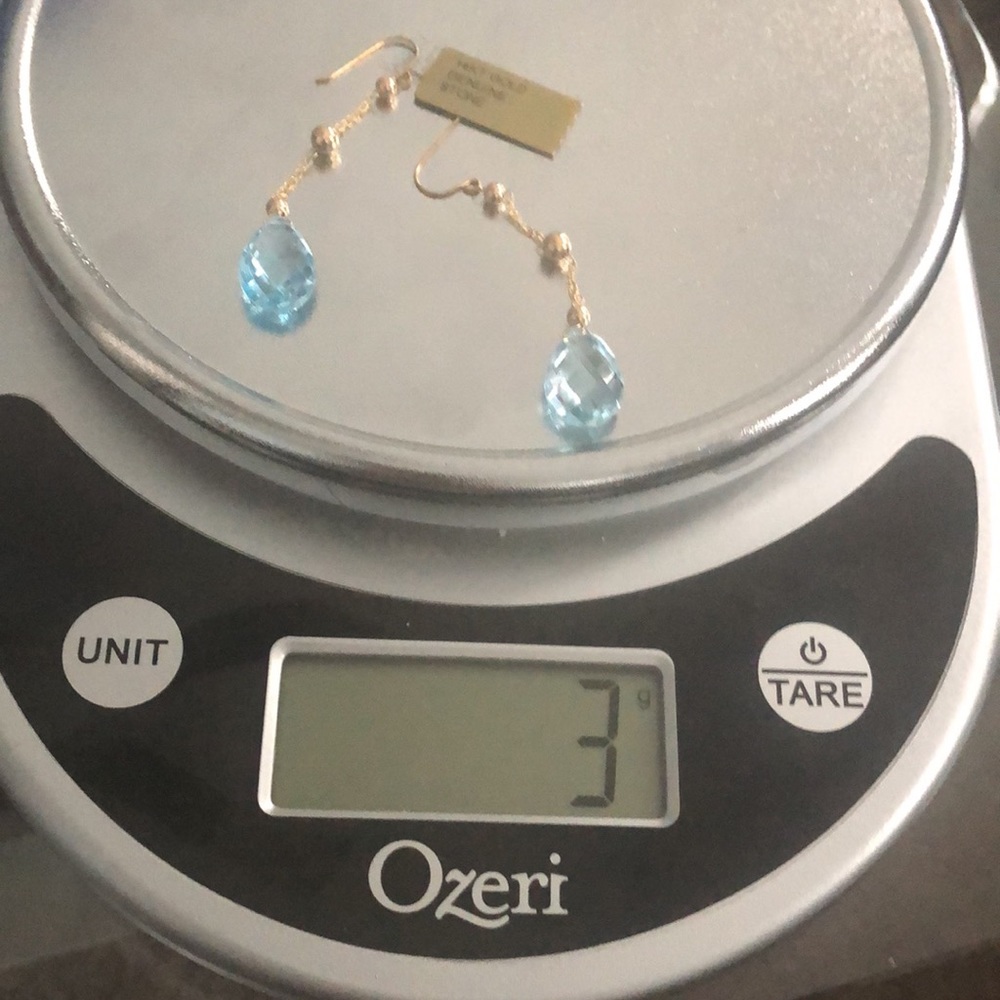 14k yellow gold earrings with blue topaz - Picture 3 of 6